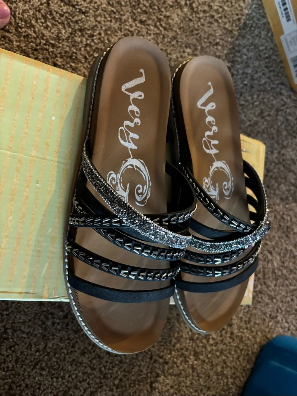 Black Beaded Strappy Slide Sandals - Women 8.5
